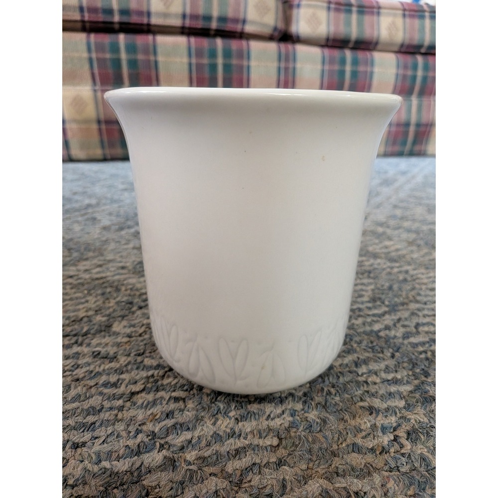 Hand Glazed Ceramic Planter White Embossed Leaf Pattern Flared Rim Vase Decor